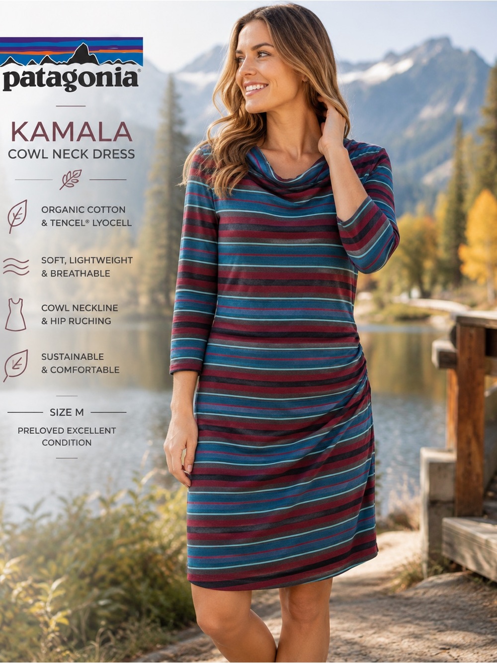 Patagonia Kamala Cowl Neck Dress M Striped Teal Maroon Tencel Organic Cotton
